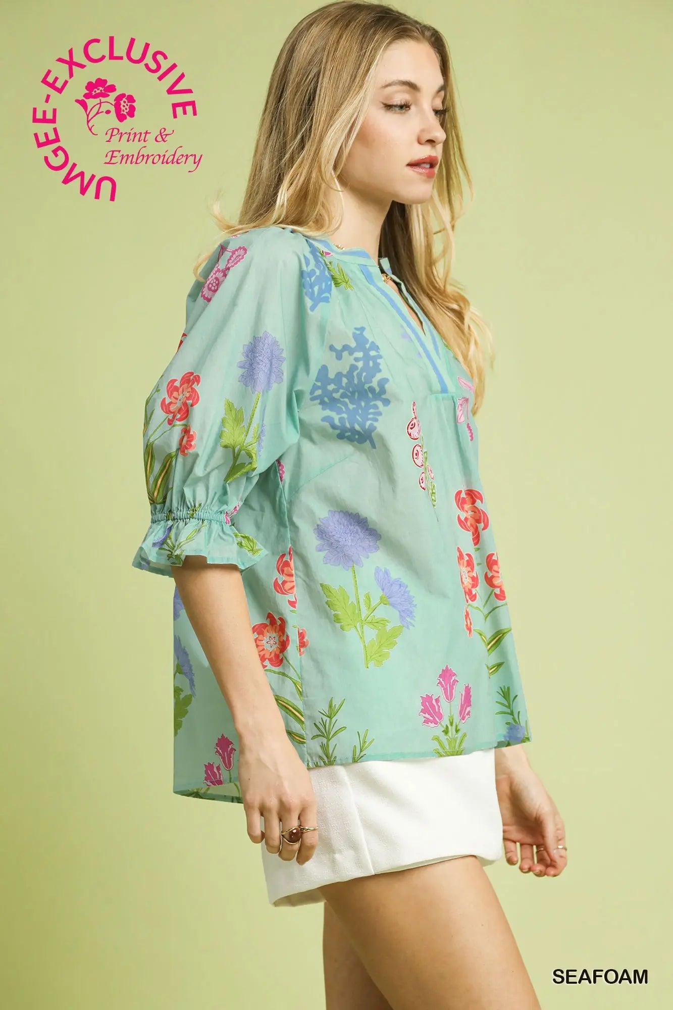 Floral Split Neck Puff Sleeve Top
