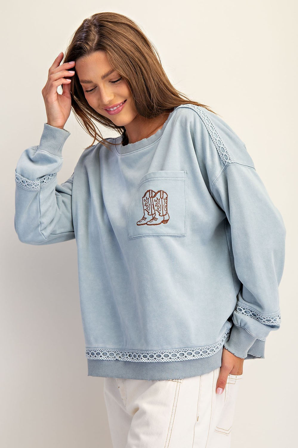 Mineral Washed Boot Motif Long Sleeve Sweatshirt