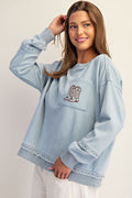 Mineral Washed Boot Motif Long Sleeve Sweatshirt