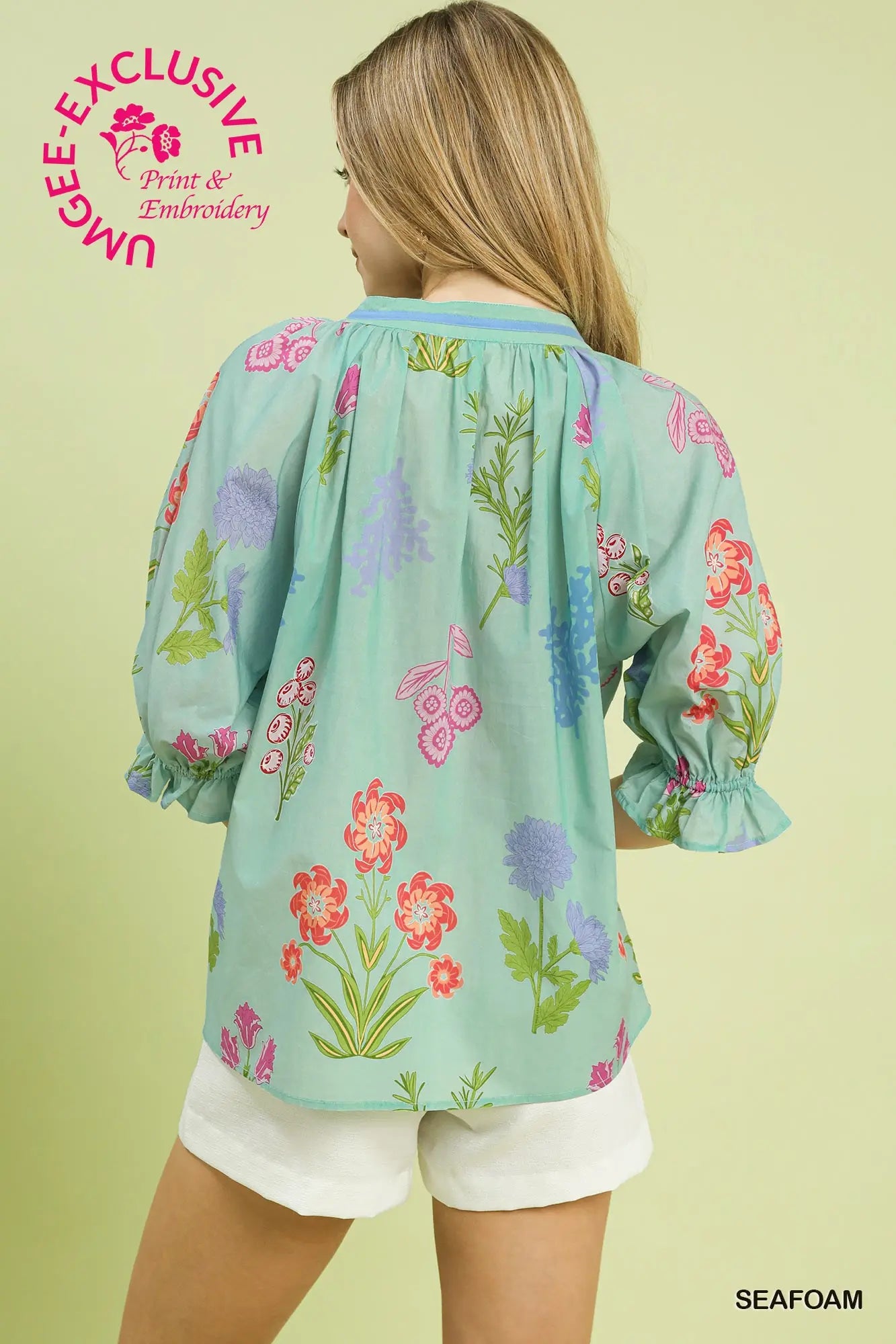 Floral Split Neck Puff Sleeve Top