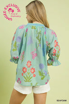 Floral Split Neck Puff Sleeve Top