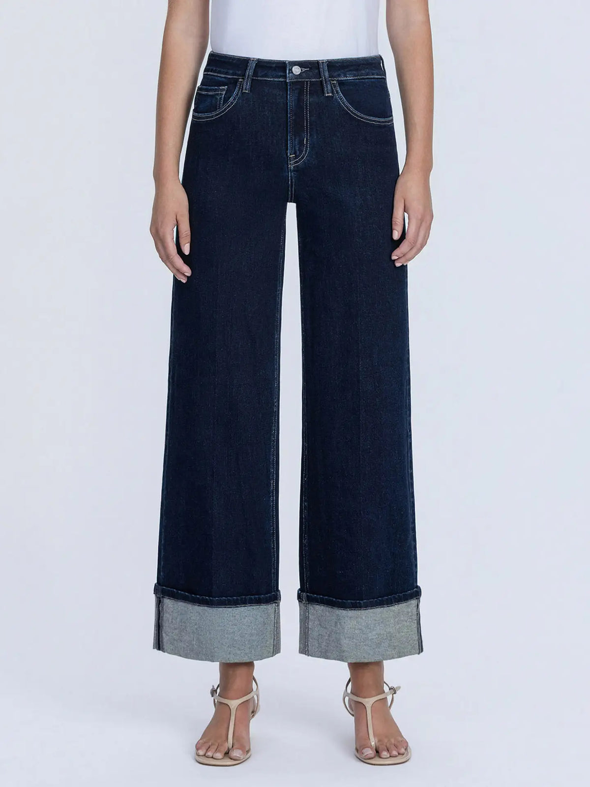 High Rise Trouser Fold Cuffed Wide Leg Jeans