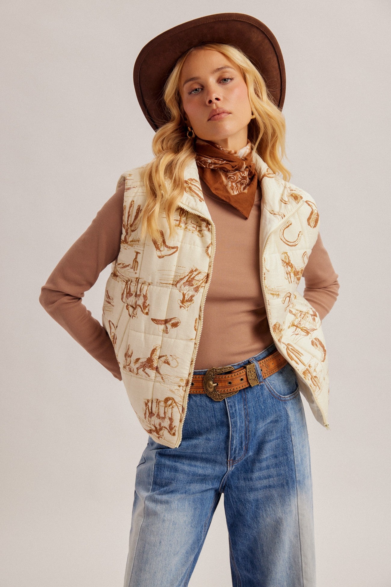 Zip Up Cowboy Print Puffer Vest