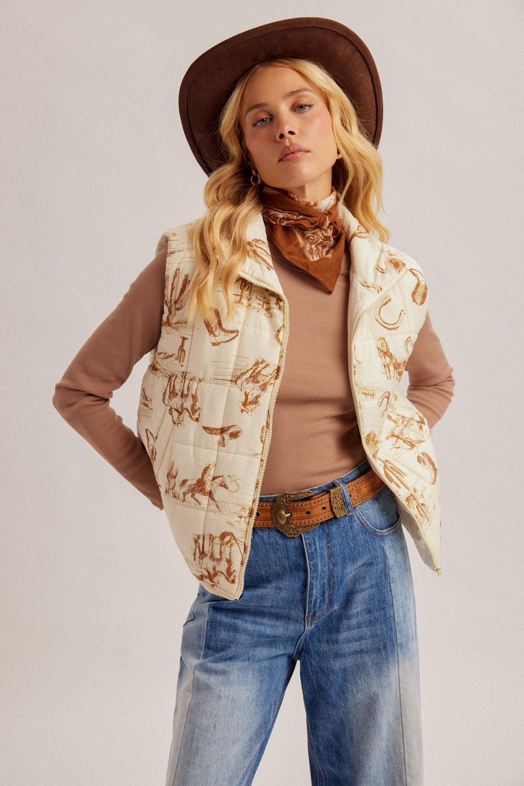 Zip Up Cowboy Print Puffer Vest