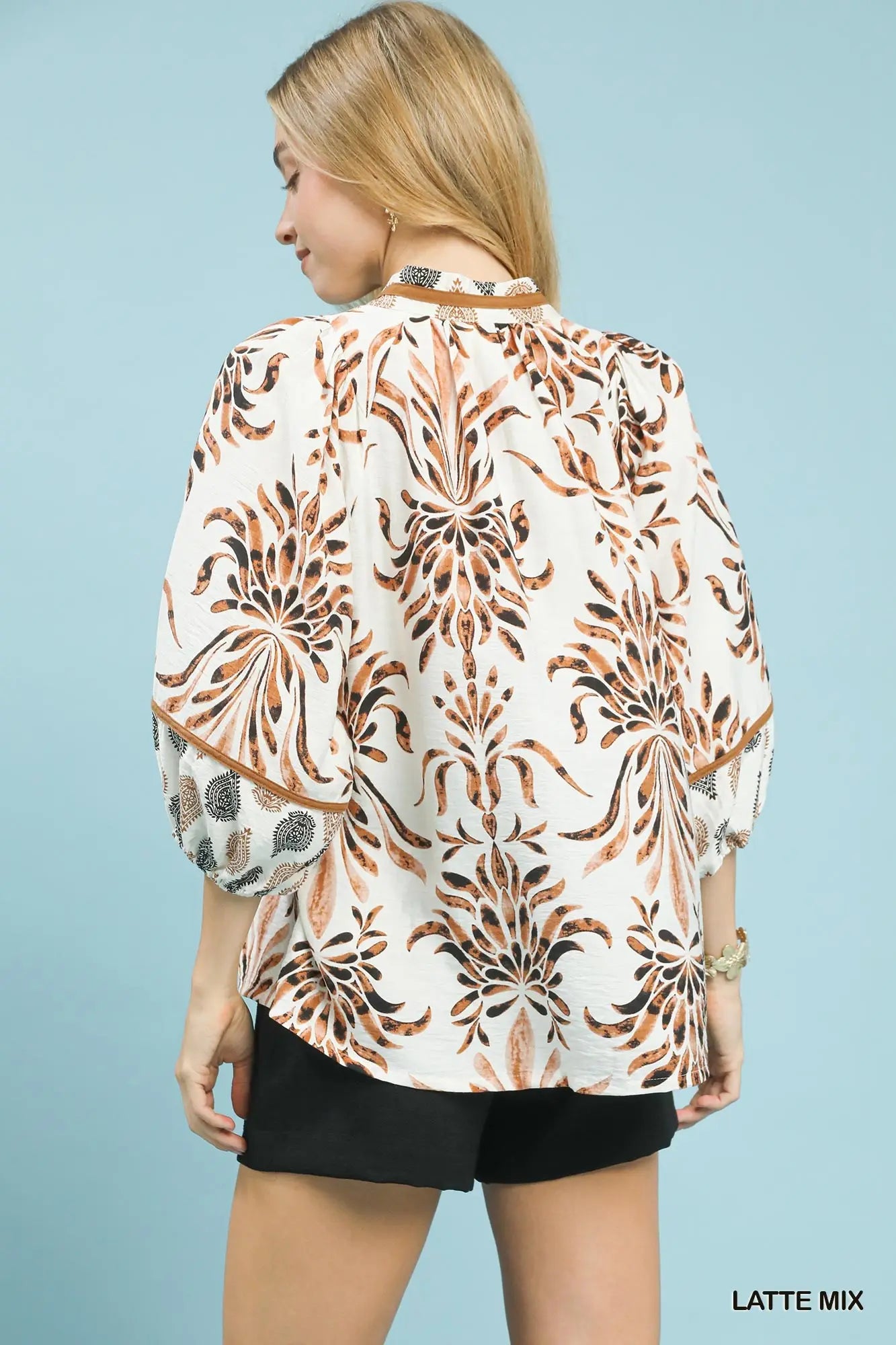 Mix Floral Print Balloon Sleeve Top