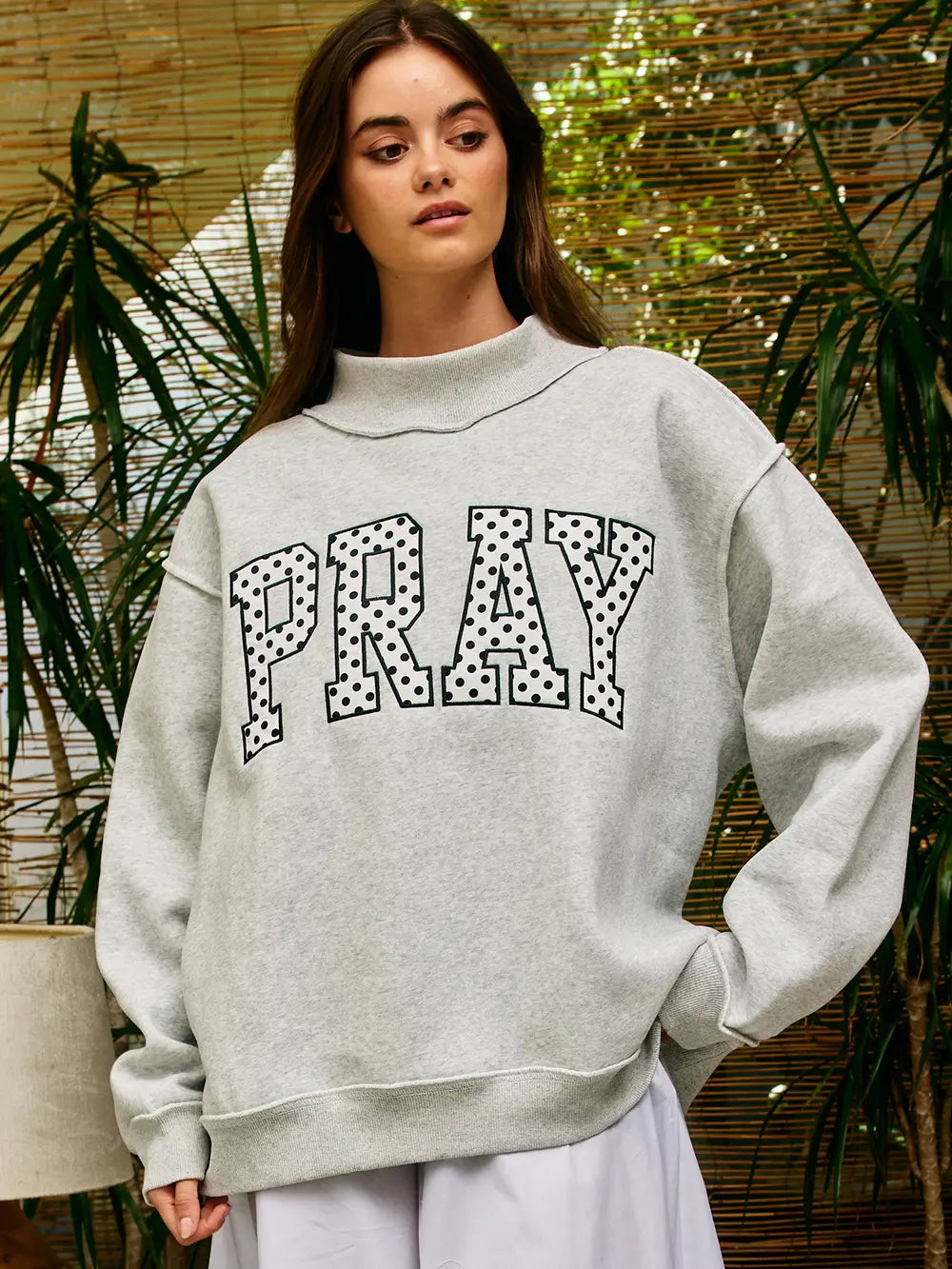 Embroidered "Pray" Mock Neck Sweatshirt