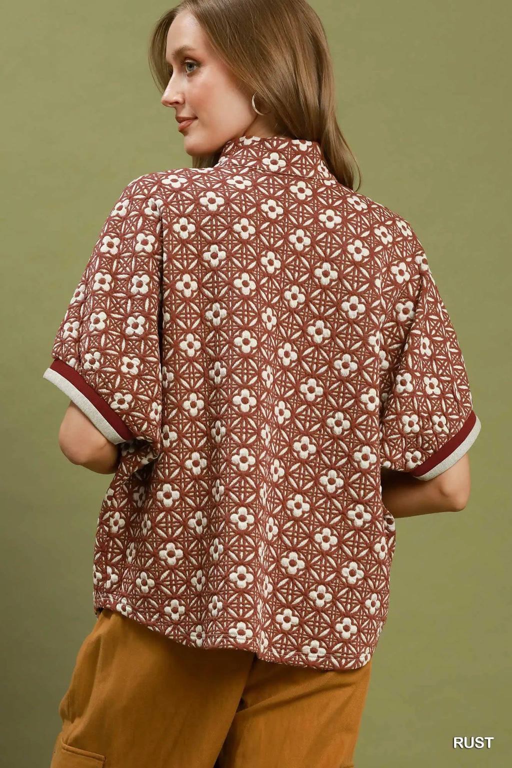 Jacquard Floral Textured Contrast Trim Pullover Top