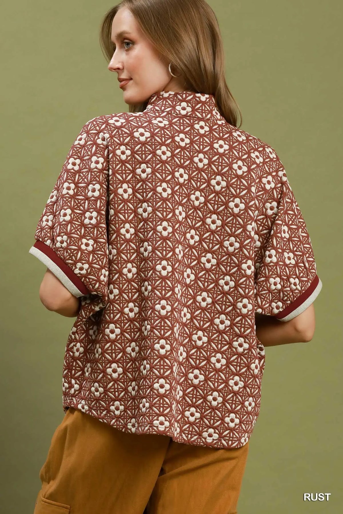 Jacquard Floral Textured Contrast Trim Pullover Top