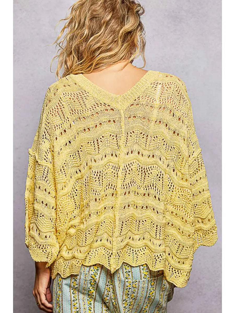 Open Knit V-Neck Oversized Short Sleeve Sweater Top
