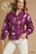 Floral Print Ruffle Neck Button Up Blouse
