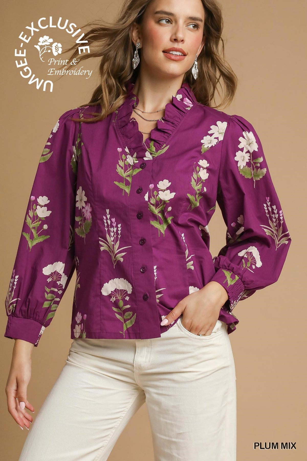Floral Print Ruffle Neck Button Up Blouse