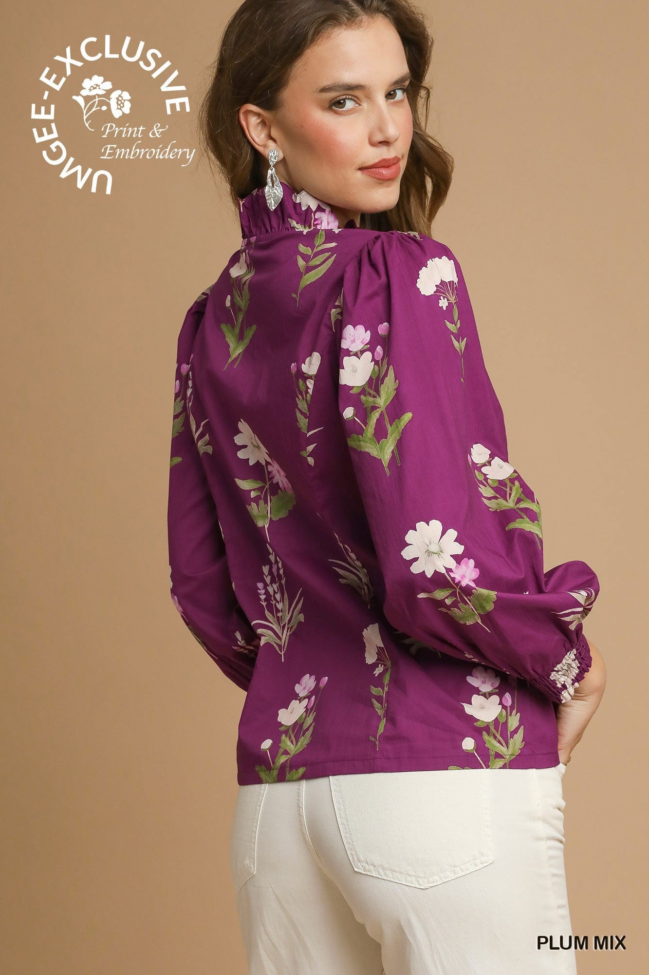 Floral Print Ruffle Neck Button Up Blouse