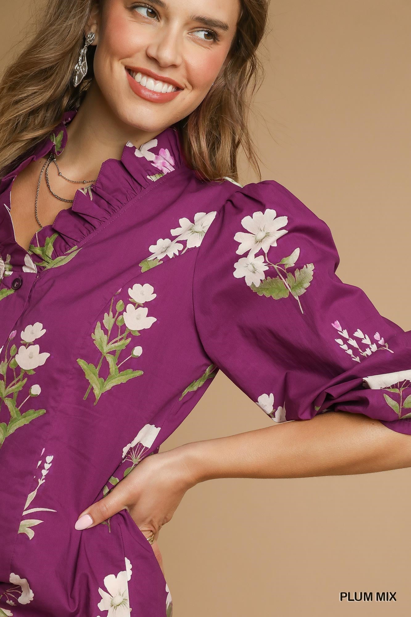 Floral Print Ruffle Neck Button Up Blouse