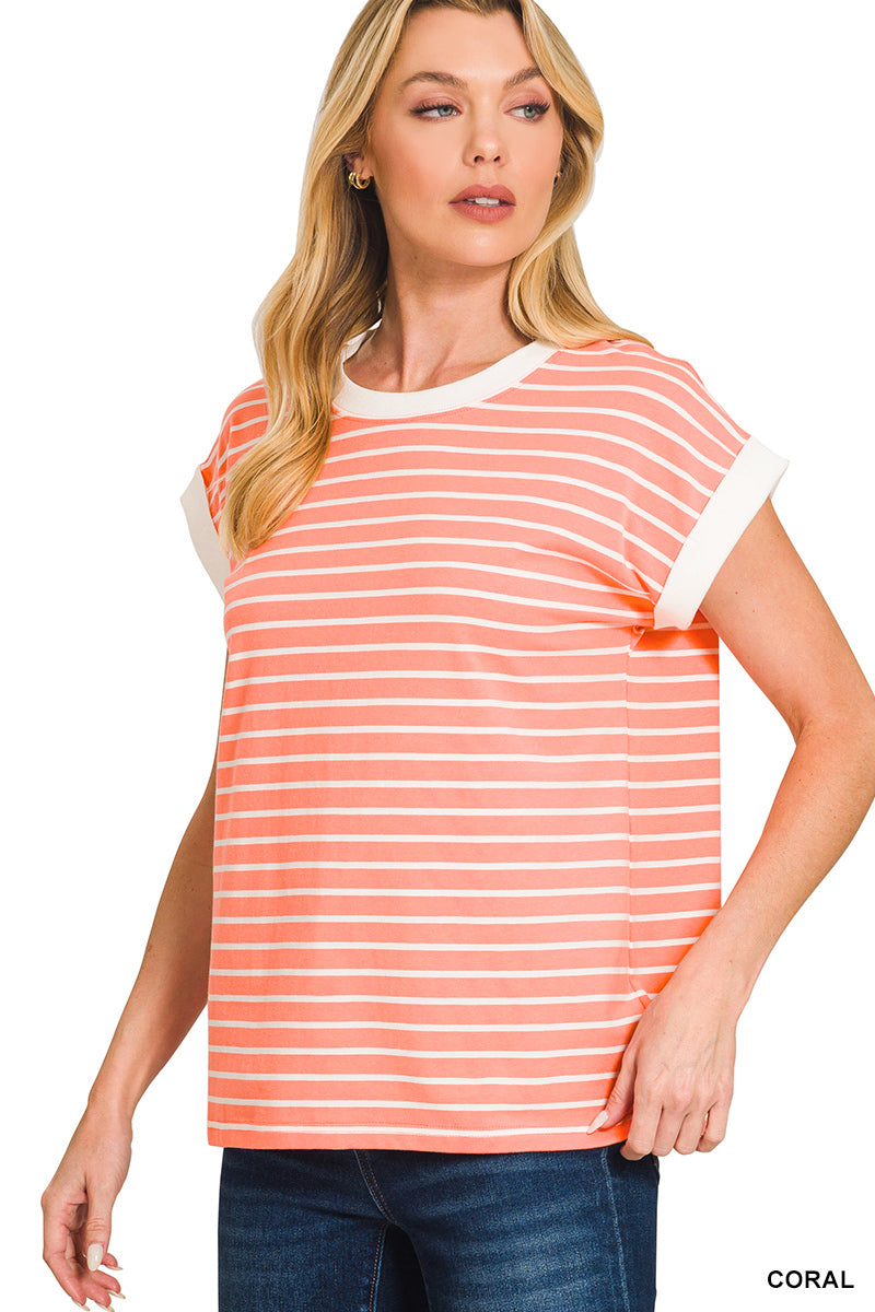 Contrast trim cap sleeve stripe tee