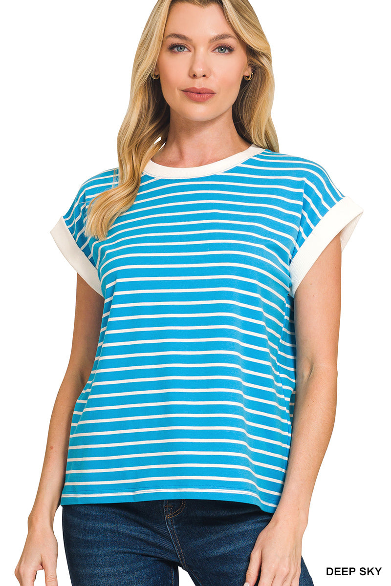 Contrast trim cap sleeve stripe tee