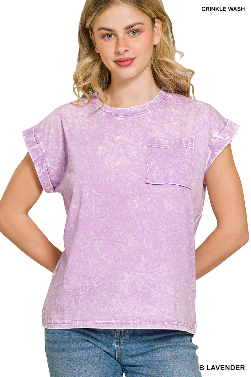 Crinkle washed round neck folded short sleeve tee