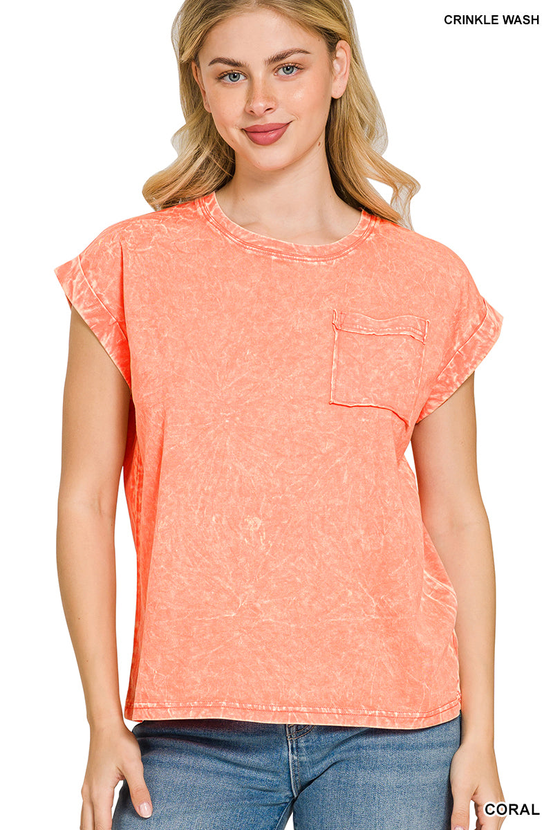 Crinkle washed round neck folded short sleeve tee