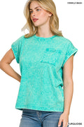 Crinkle washed round neck folded short sleeve tee