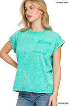 Crinkle washed round neck folded short sleeve tee