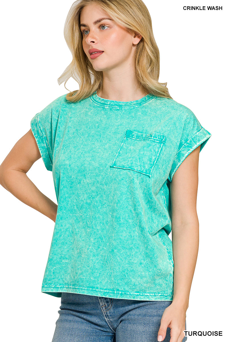Crinkle washed round neck folded short sleeve tee