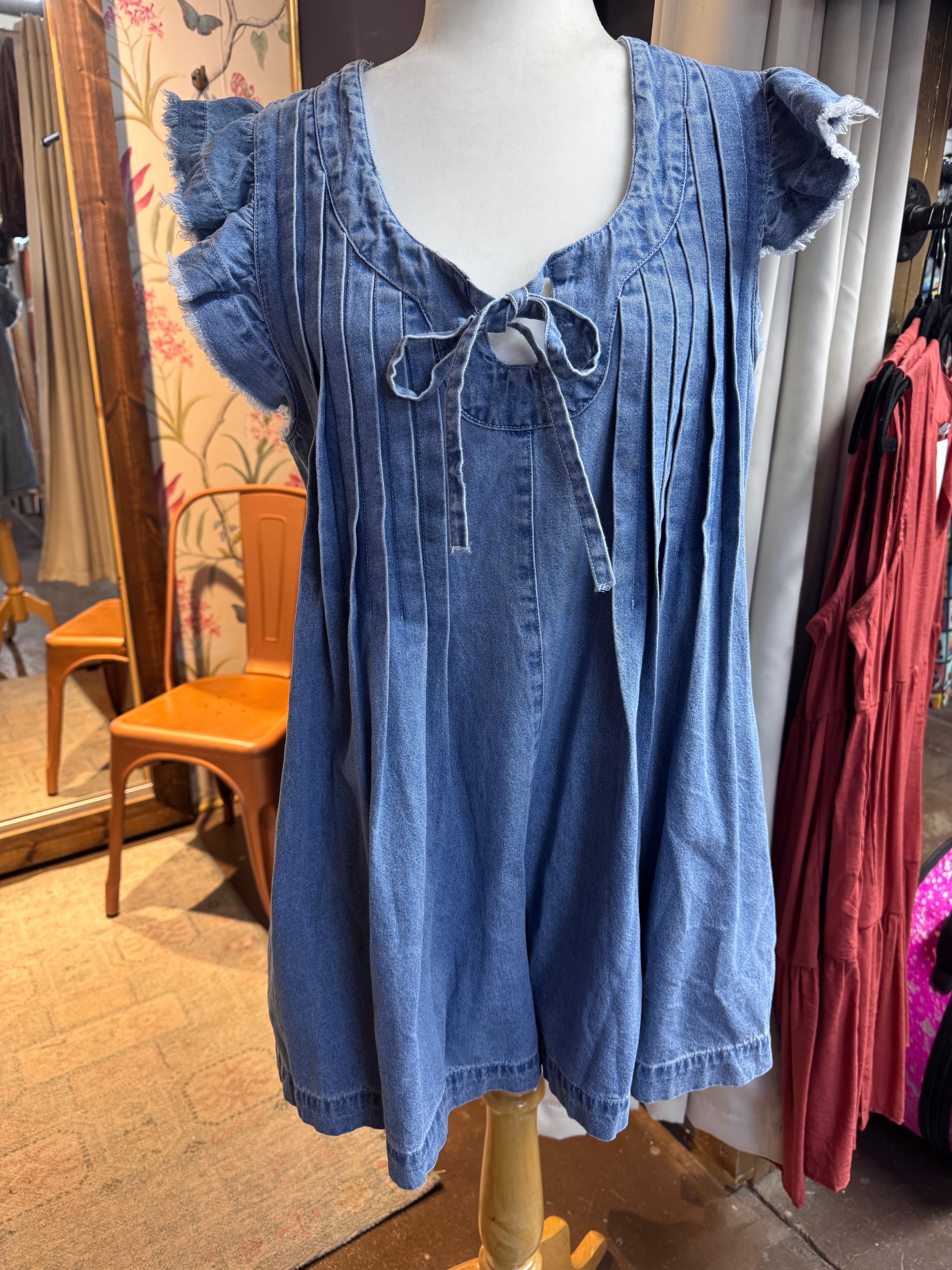 Frayed Ruffle Sleeve Denim Romper
