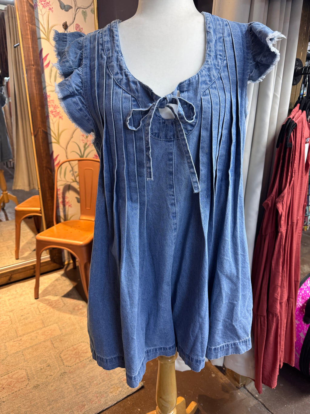 Frayed Ruffle Sleeve Denim Romper