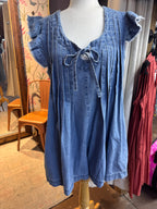 Frayed Ruffle Sleeve Denim Romper
