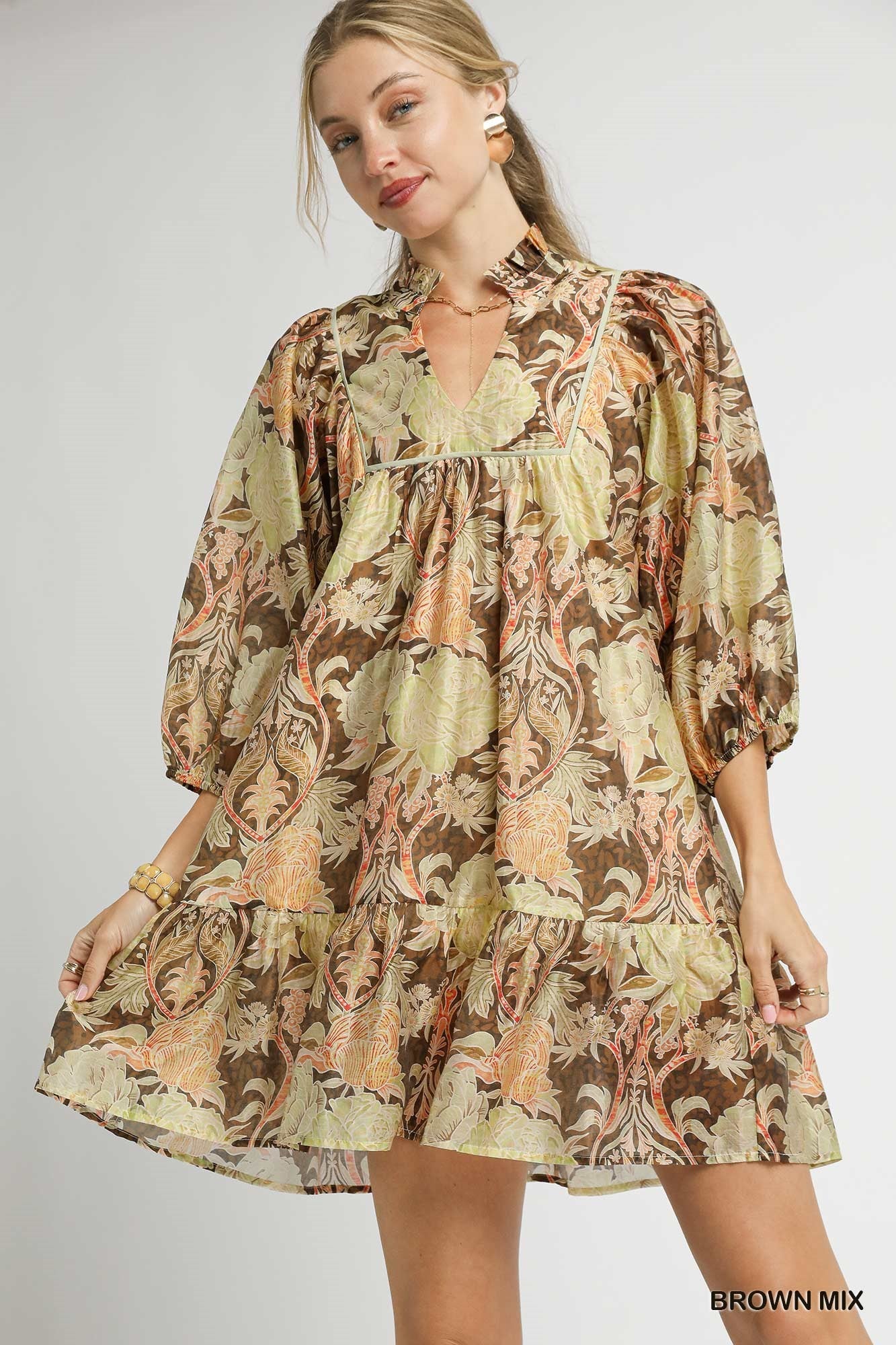 Abstract Print Puff Sleeve Mini Dress