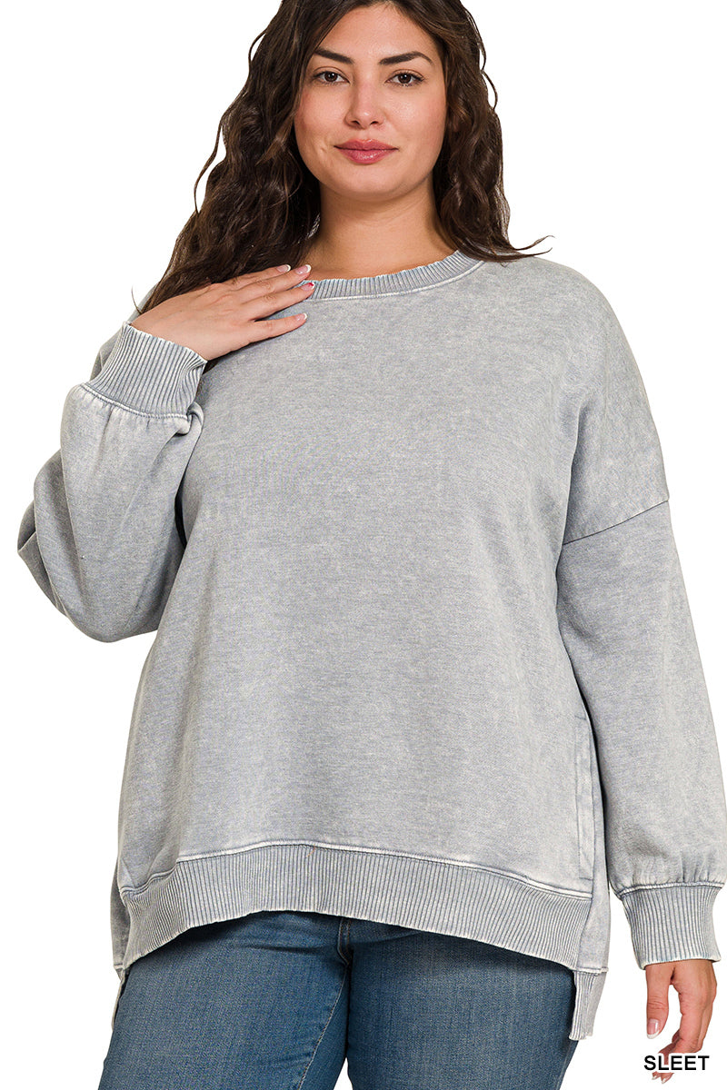 Acid wash fleece hi-low hem pullover