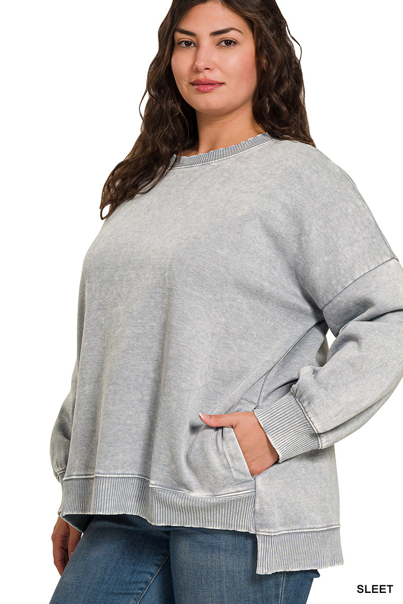 Acid wash fleece hi-low hem pullover