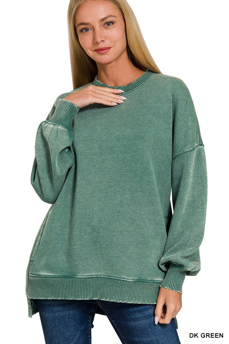 Acid wash fleece hi-low hem pullover