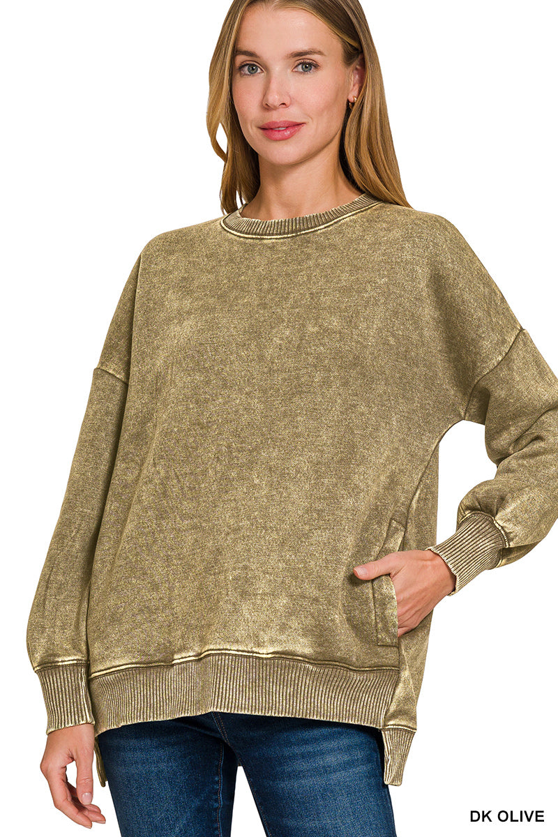 Acid wash fleece hi-low hem pullover