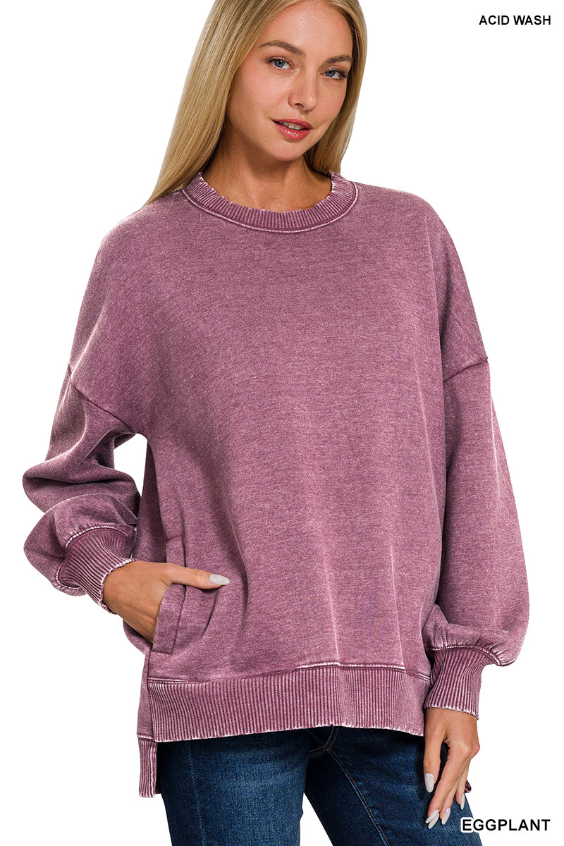 Acid wash fleece hi-low hem pullover