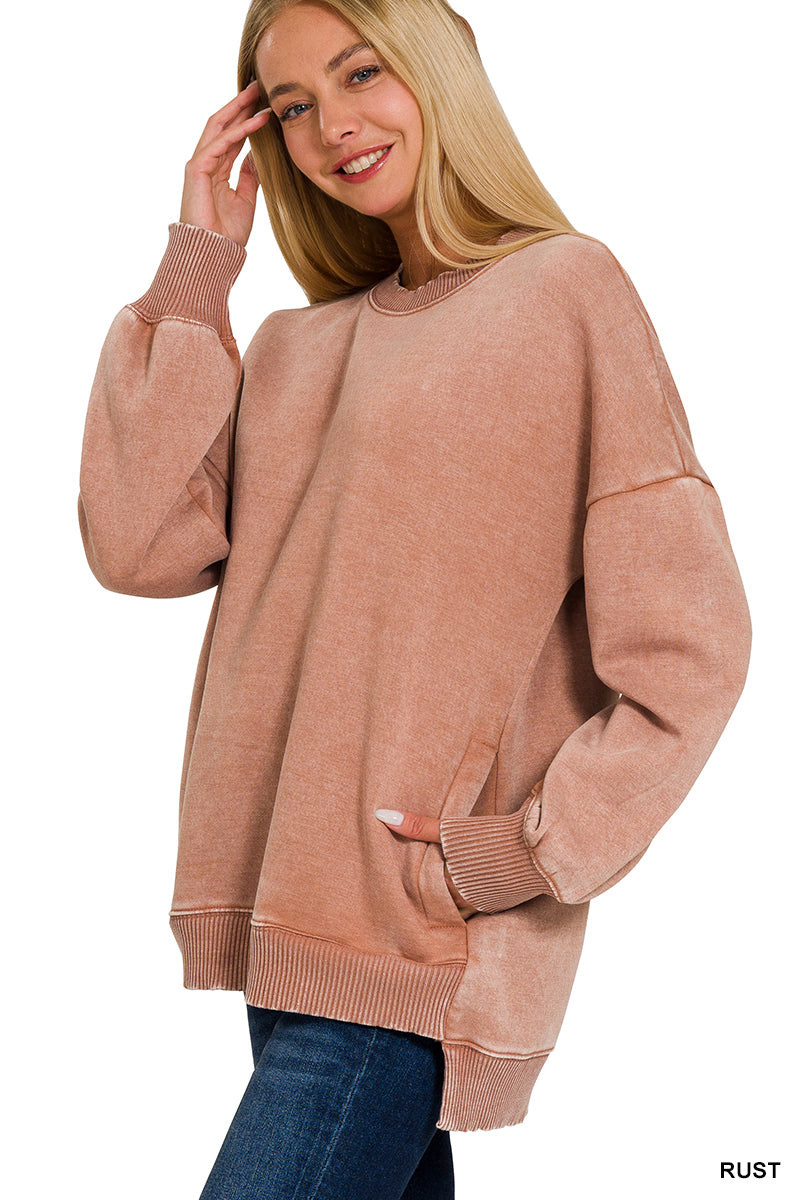 Acid wash fleece hi-low hem pullover