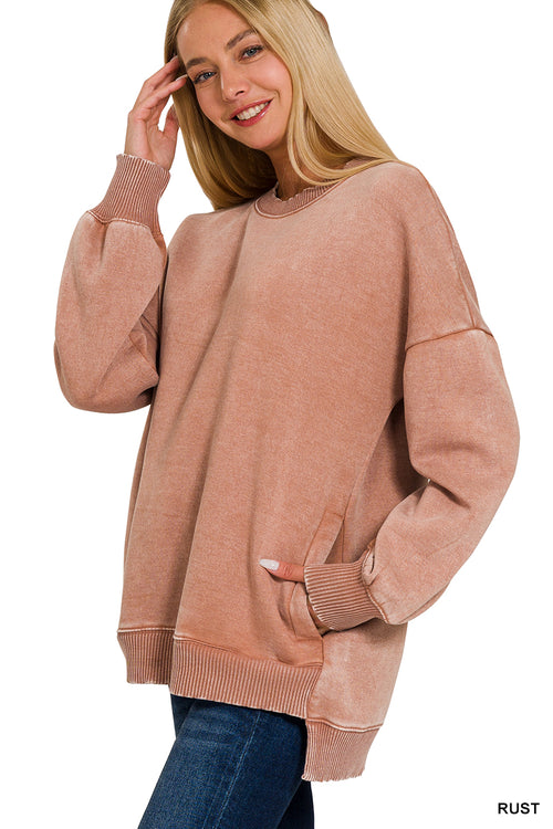 Acid Wash Fleece Hi-Low Hem Pullover