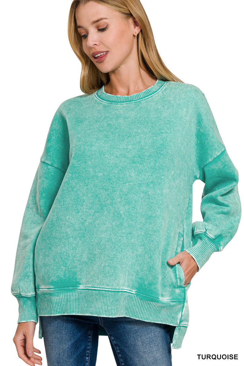 Acid wash fleece hi-low hem pullover
