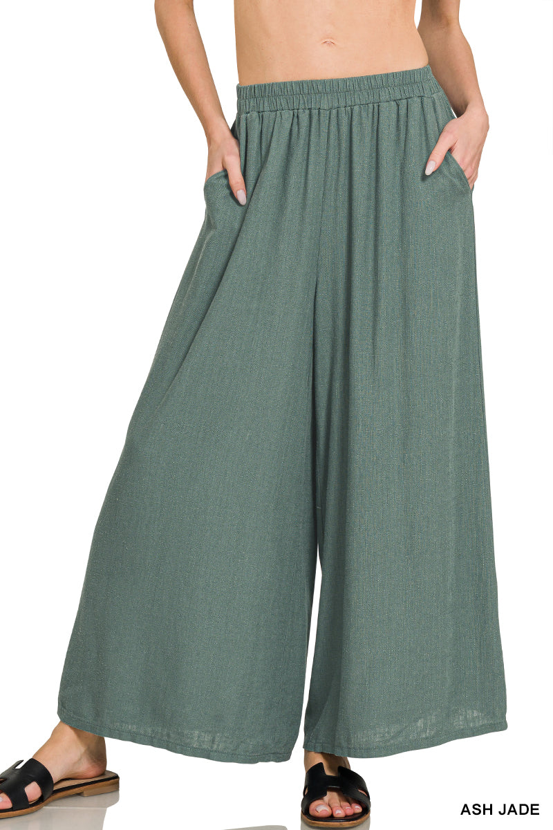 Woven pleated linen blend wide leg pants