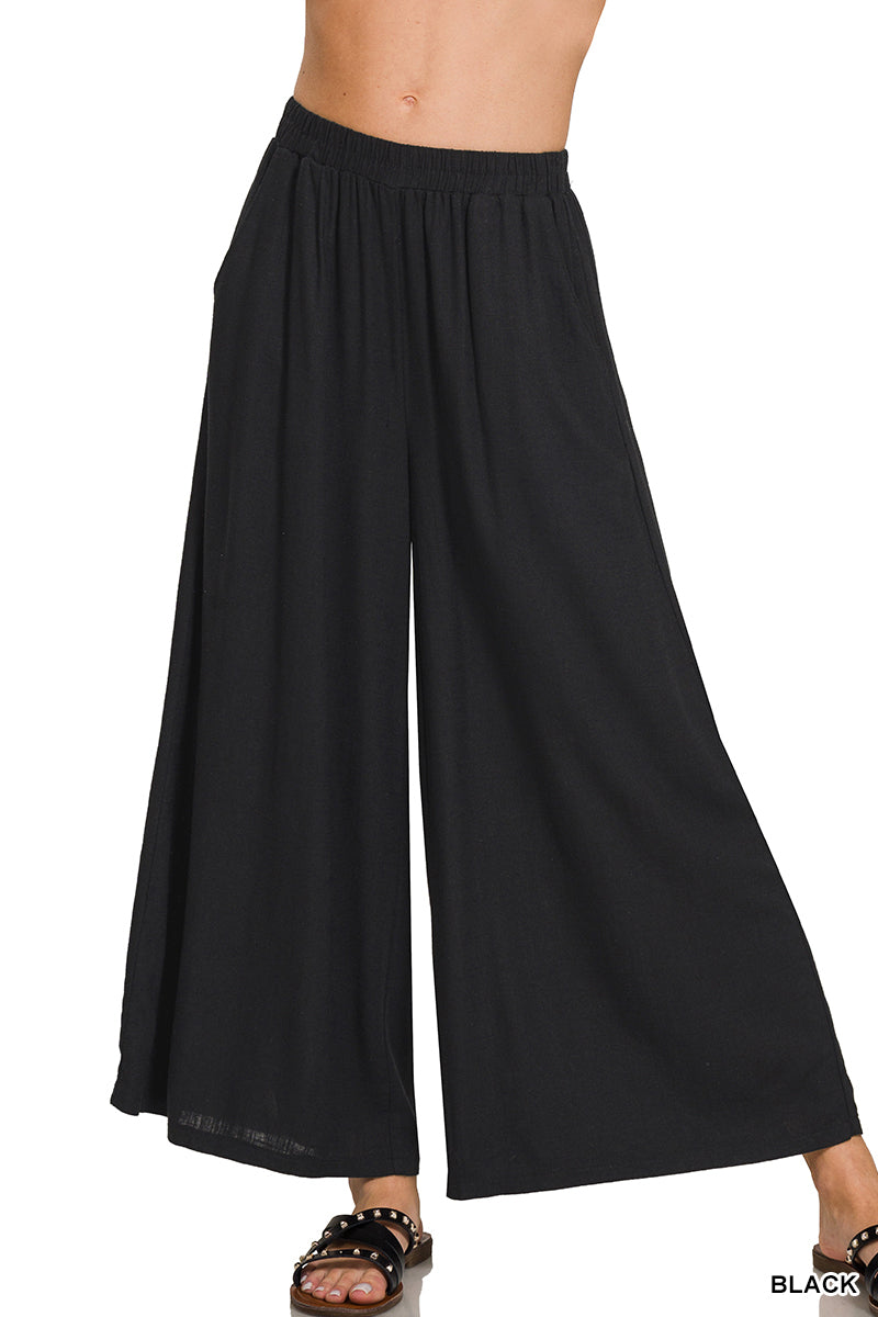 Woven pleated linen blend wide leg pants