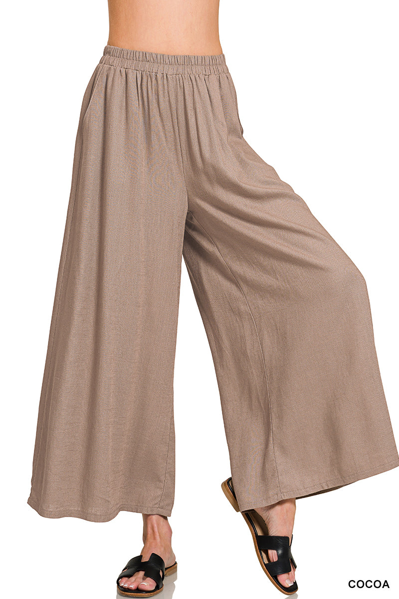 Woven pleated linen blend wide leg pants