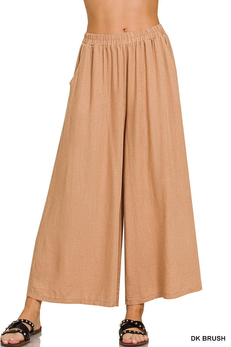 Woven pleated linen blend wide leg pants