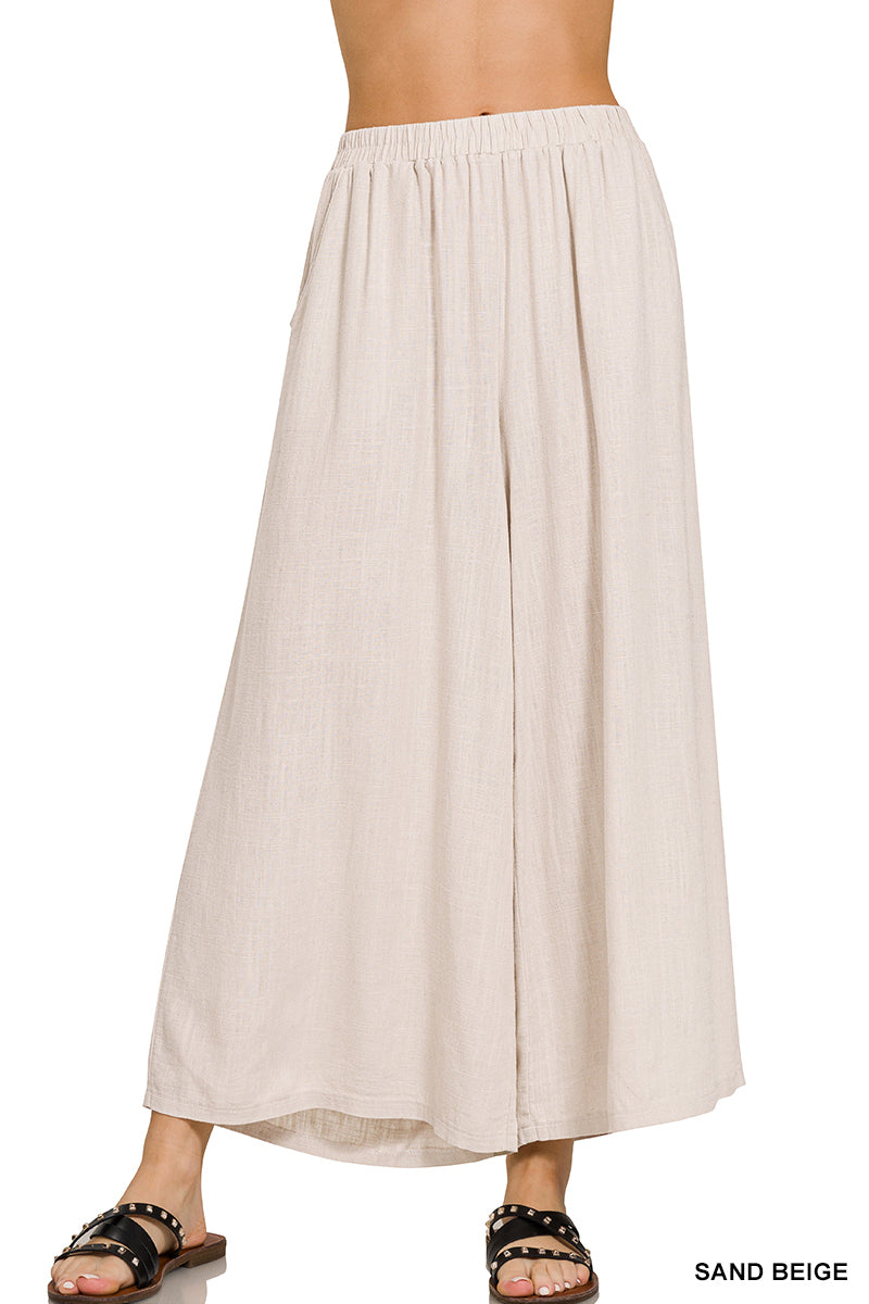 Woven pleated linen blend wide leg pants