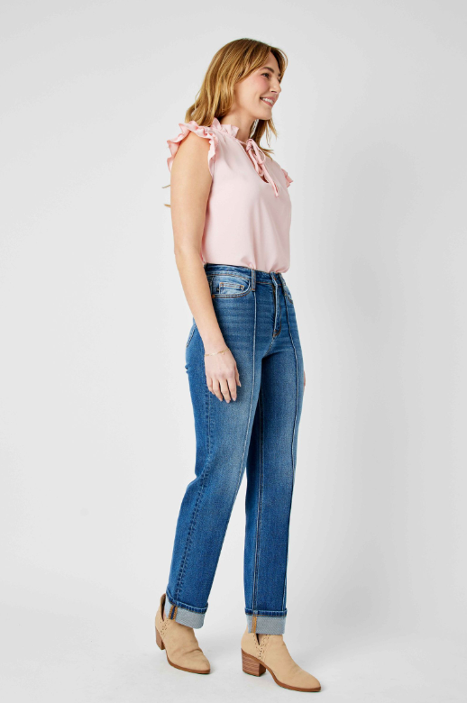 HW Front Seam Detail & Cuffed Straight Jeans