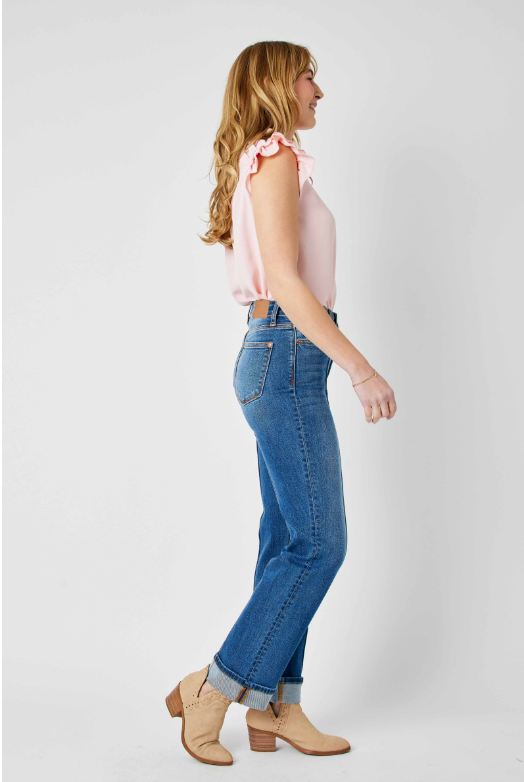 HW Front Seam Detail & Cuffed Straight Jeans