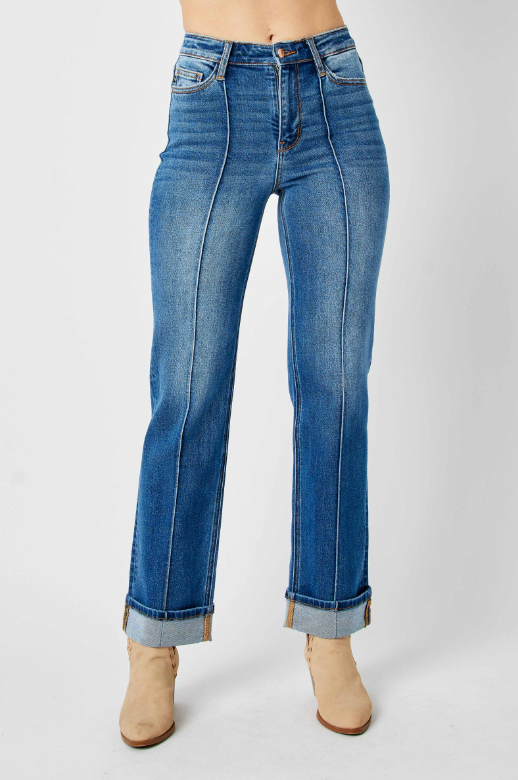 HW Front Seam Detail & Cuffed Straight Jeans