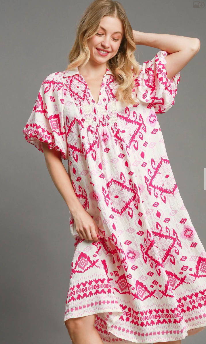 Smocked Border Print Midi Dress