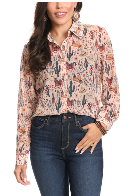 Western Print Chiffon Button Up