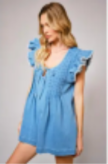 Frayed Ruffle Sleeve Denim Romper
