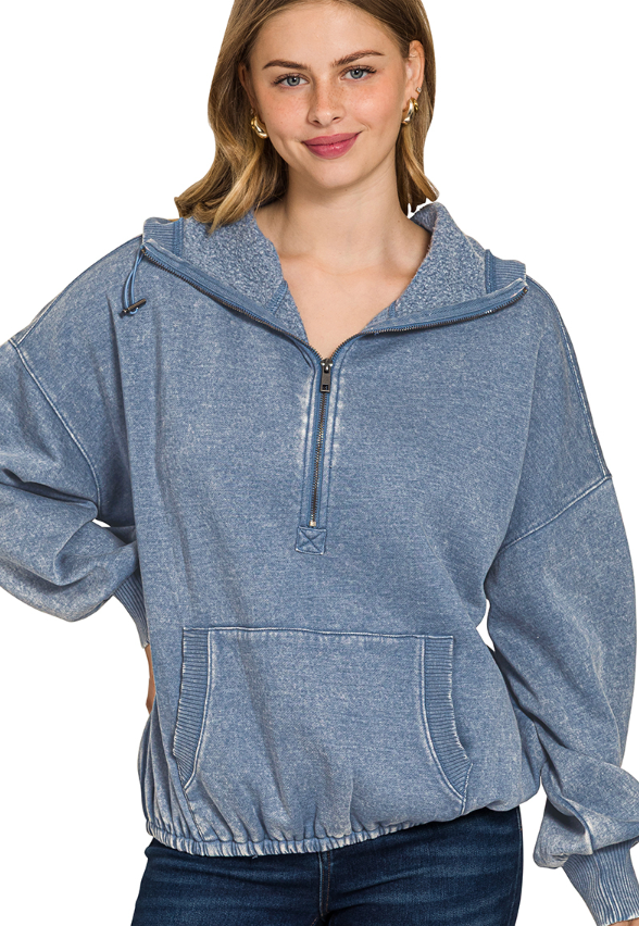 Fleece Washed Half Zip Hoodie