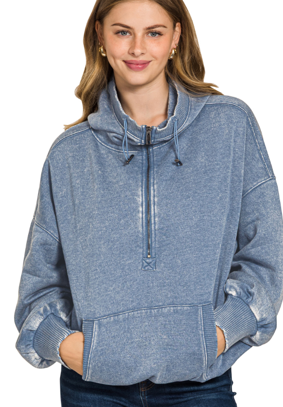Fleece Washed Half Zip Hoodie