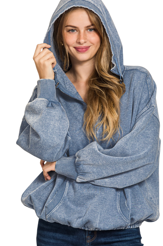 Fleece Washed Half Zip Hoodie